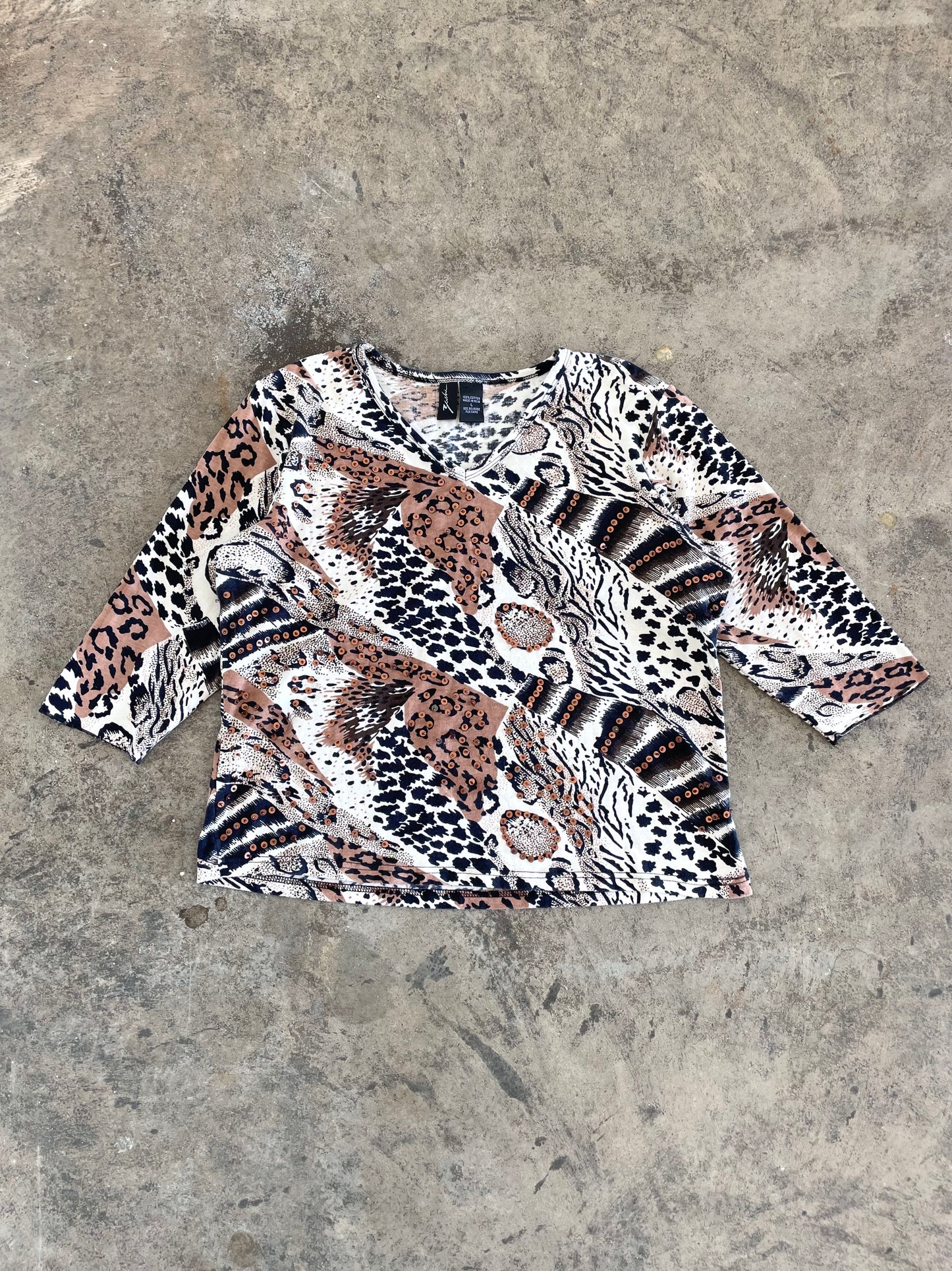 Animal Print Beaded Vneck - L