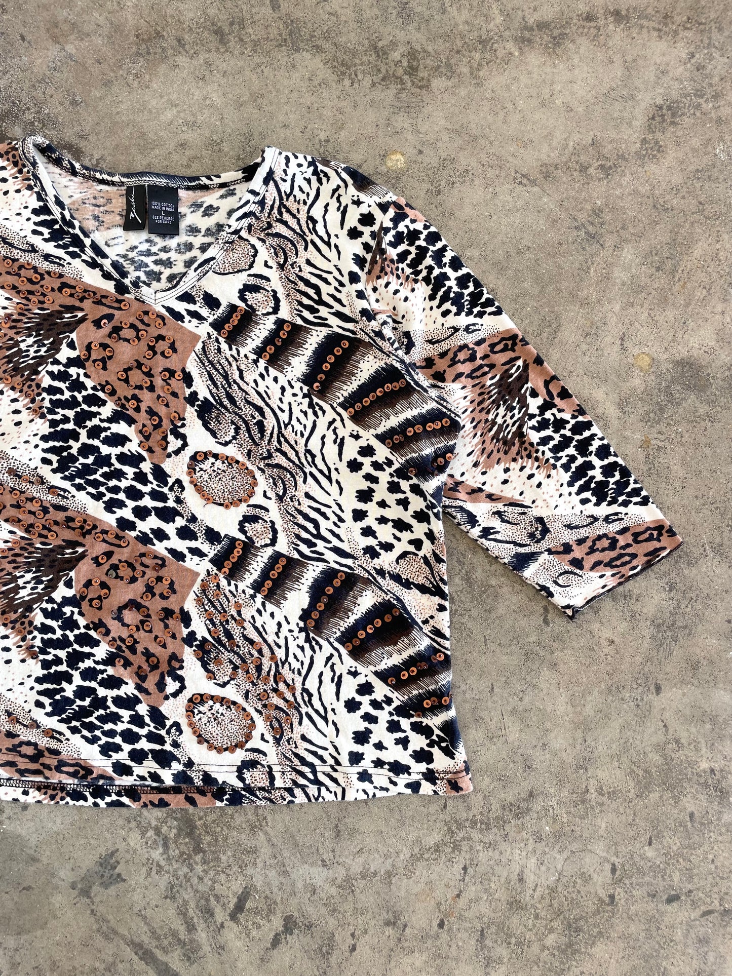 Animal Print Beaded Vneck - L
