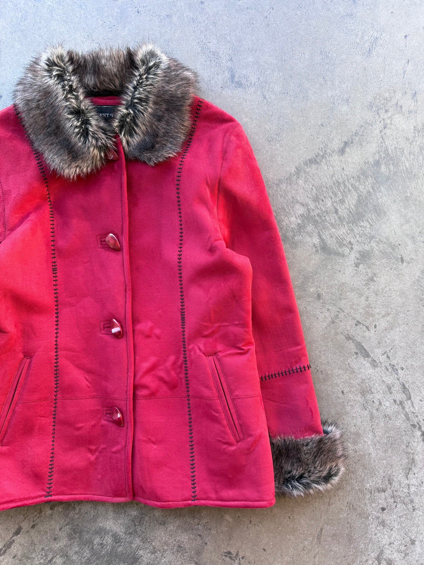 Fur Trim Faux Suede Jacket - M