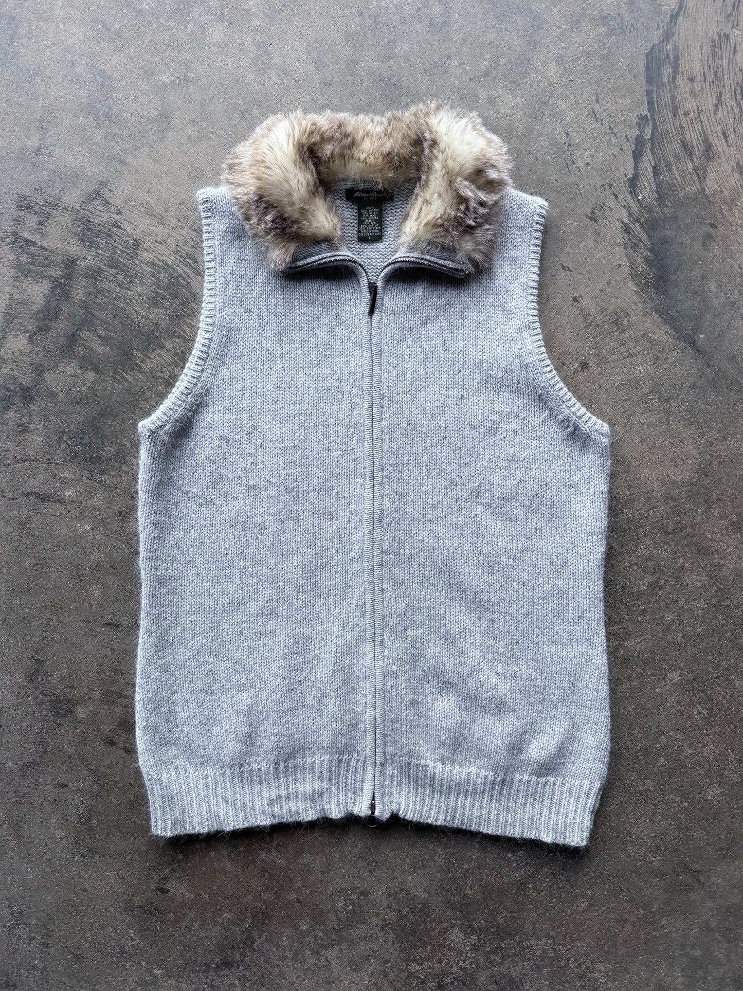 Fur Trim Zip Up Sweater Vest - L