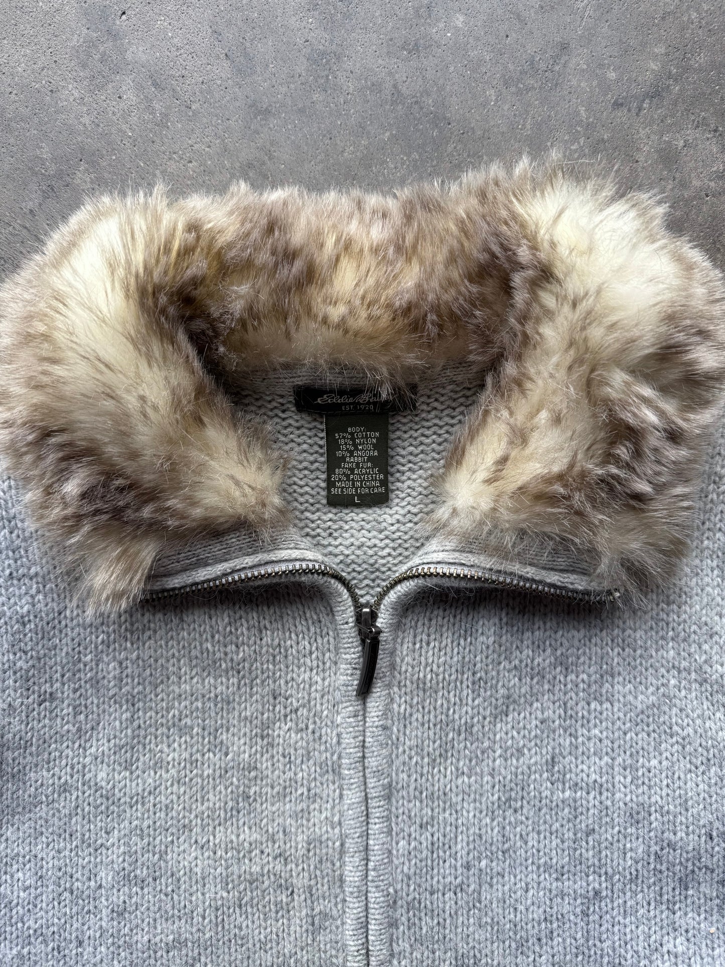 Fur Trim Zip Up Sweater Vest - L