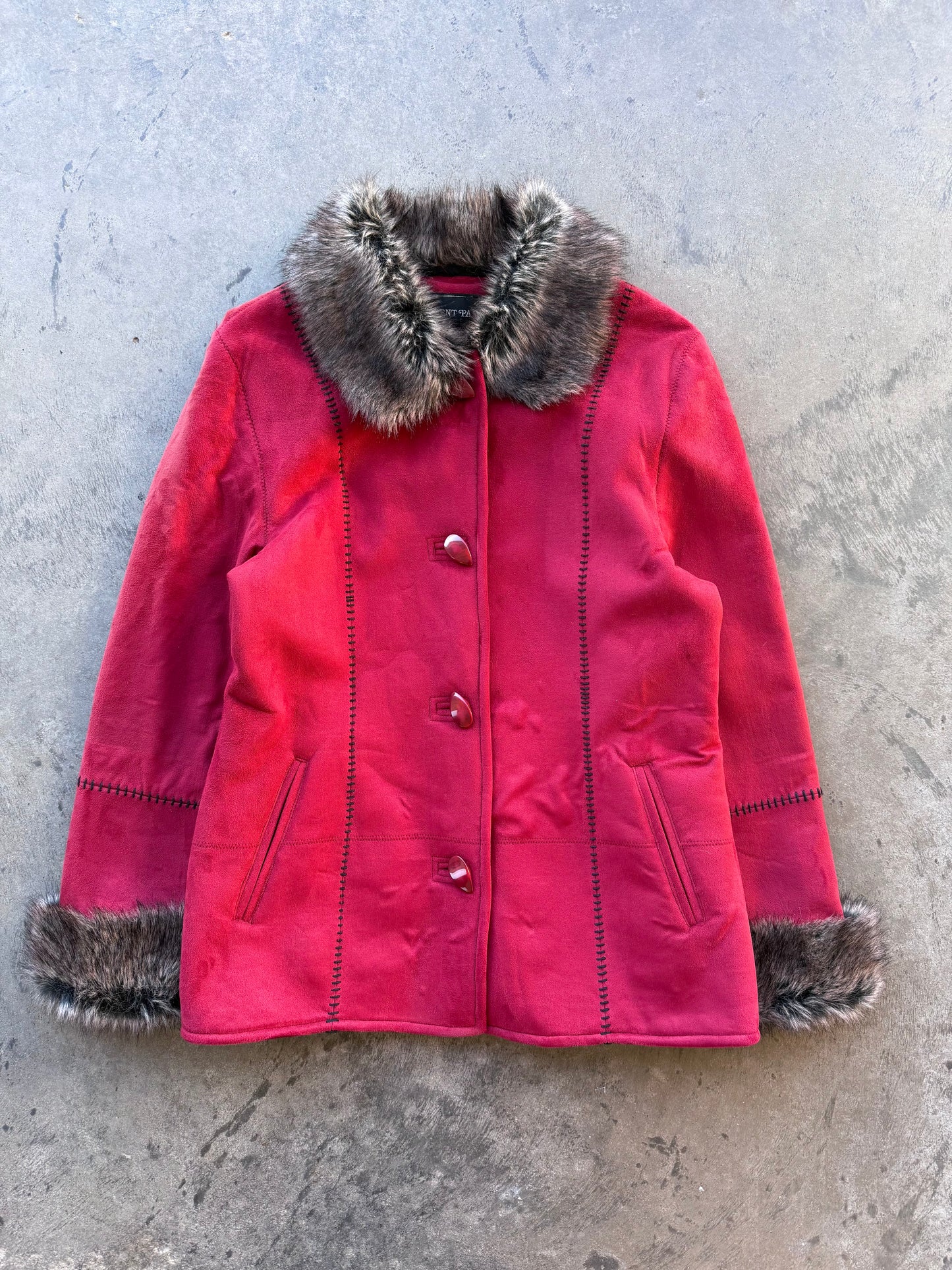 Fur Trim Faux Suede Jacket - M