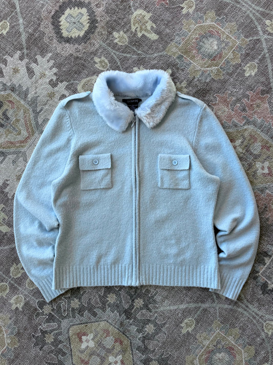 Faux Fur Collar Zip Up Cardigan - XL