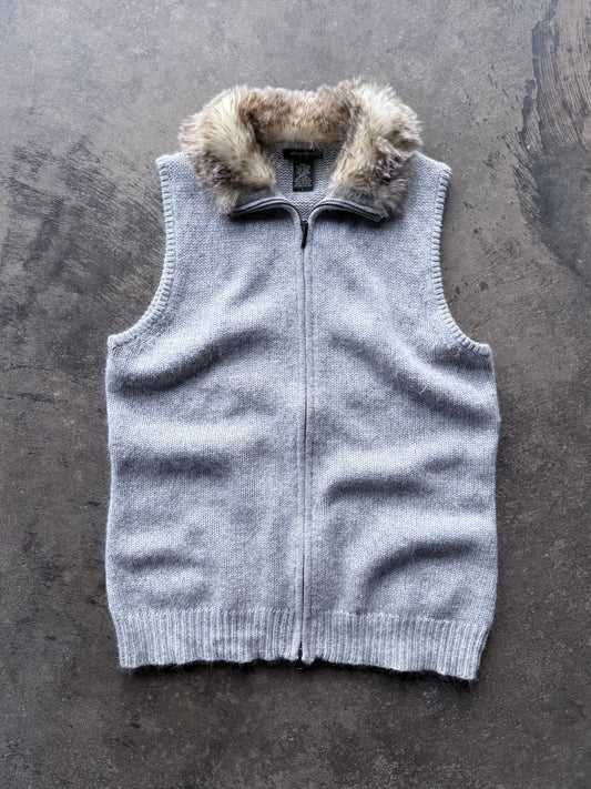 Fur Trim Zip Up Sweater Vest - L