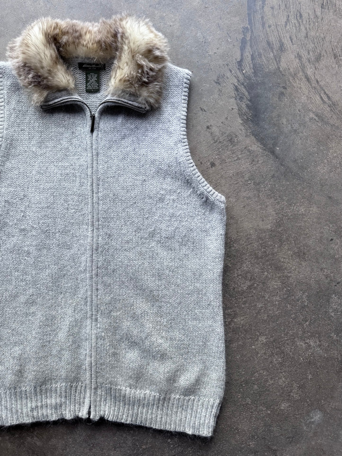 Fur Trim Zip Up Sweater Vest - L