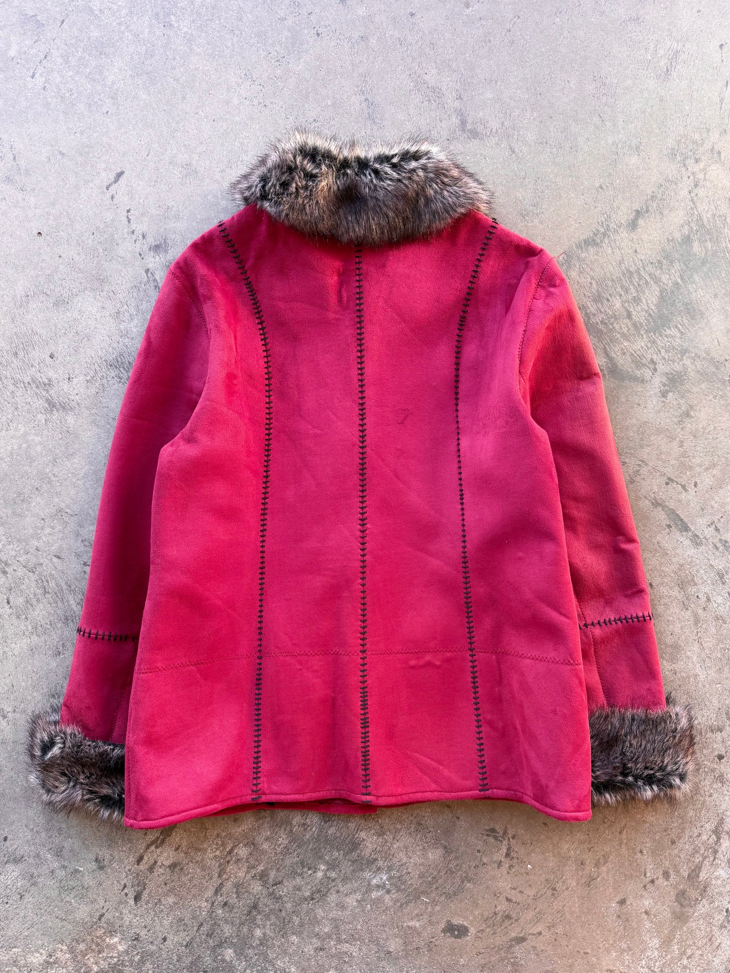 Fur Trim Faux Suede Jacket - M