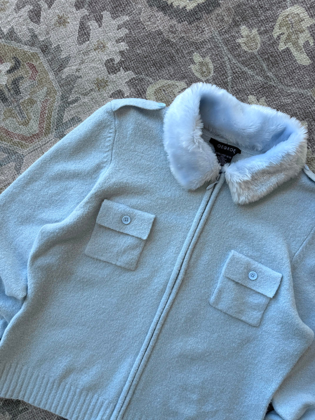 Faux Fur Collar Zip Up Cardigan - XL
